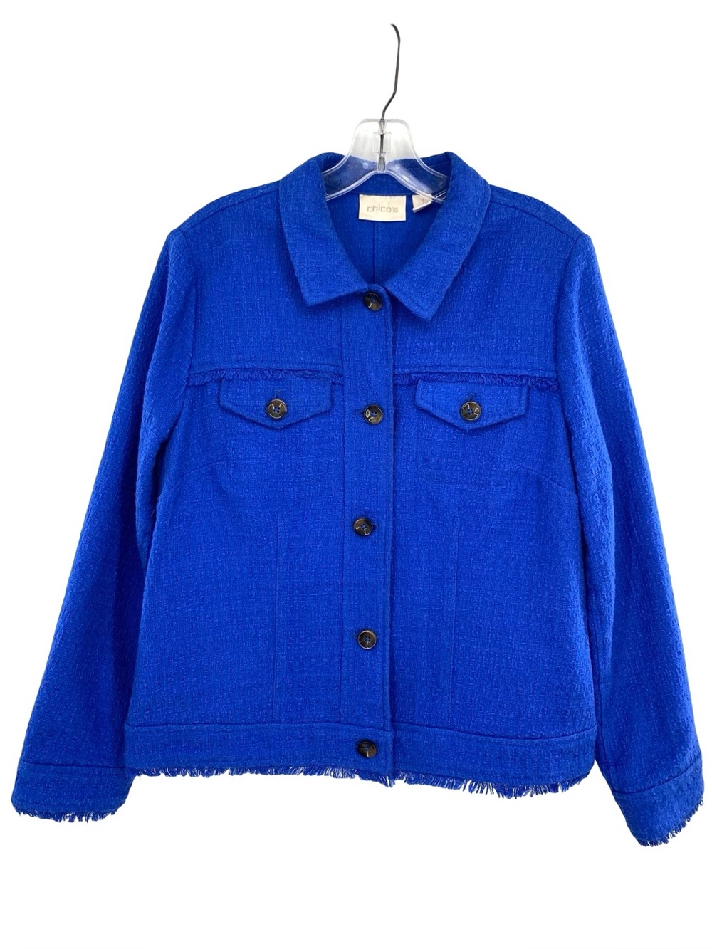 Chico’s Blue Tweed Fringe Button Up Blazer Jacket Size Medium